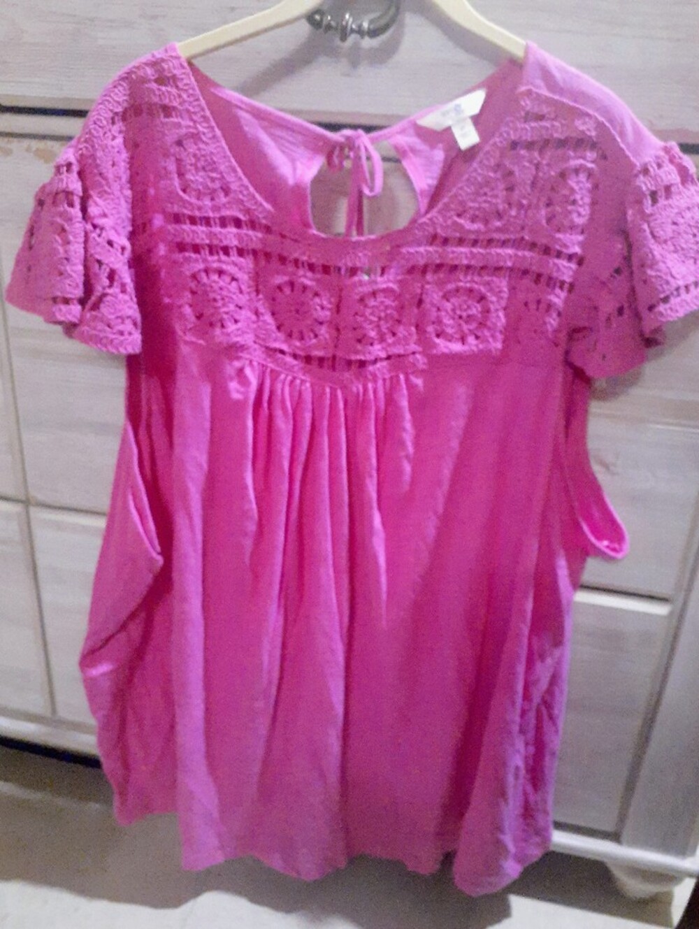 Terra & Sky Bright Pink Crochet Yoke Short Sleeve Tunic